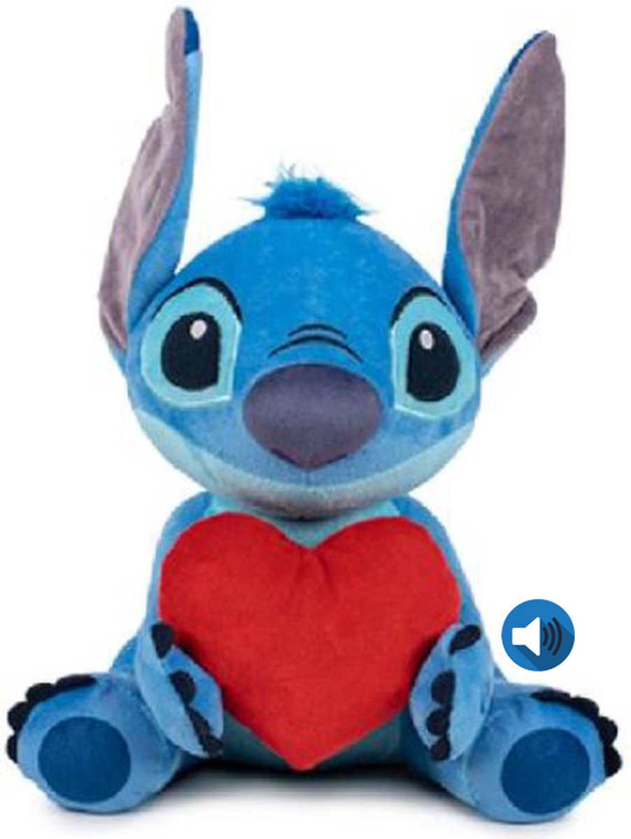 Stitch met Hart en Geluid - Disney Lilo & Stitch Pluche Knuffel 35 cm [Speelgoed knuffeldier knuffelpop voor kinderen jongens meisjes | Extra grote en zachte plush! | Disney Stitch Angel Leroy | Liefde Love Valentijnsdag Cadeau]